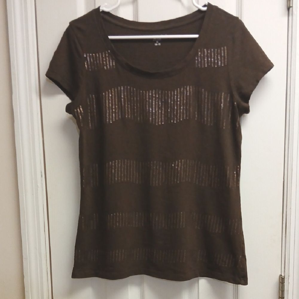 Coldwater Creek Brown Short Sleeve Top With Sequin Pattern Size M (10-12)